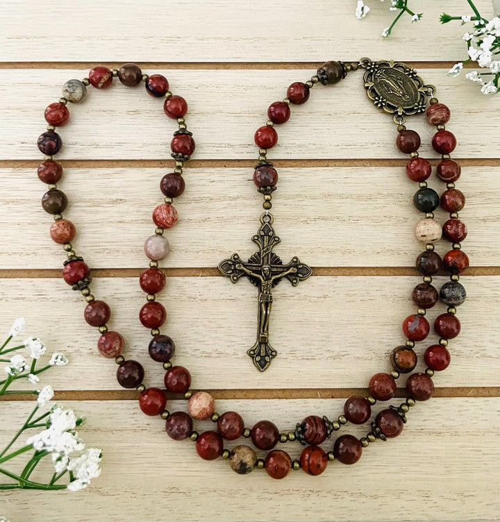 FREE Today: Virgin Mary & Crucifix of 8 mm Red Jasper Round Beads Nylon Cord Rosary