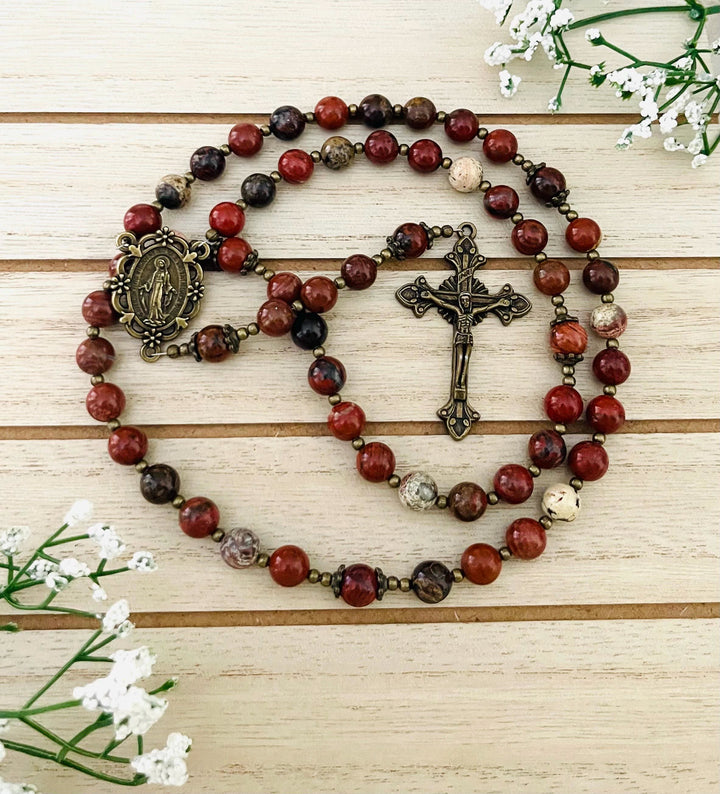 FREE Today: Virgin Mary & Crucifix of 8 mm Red Jasper Round Beads Nylon Cord Rosary