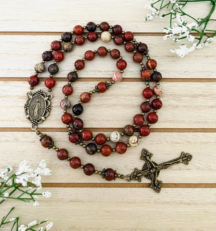 FREE Today: Virgin Mary & Crucifix of 8 mm Red Jasper Round Beads Nylon Cord Rosary