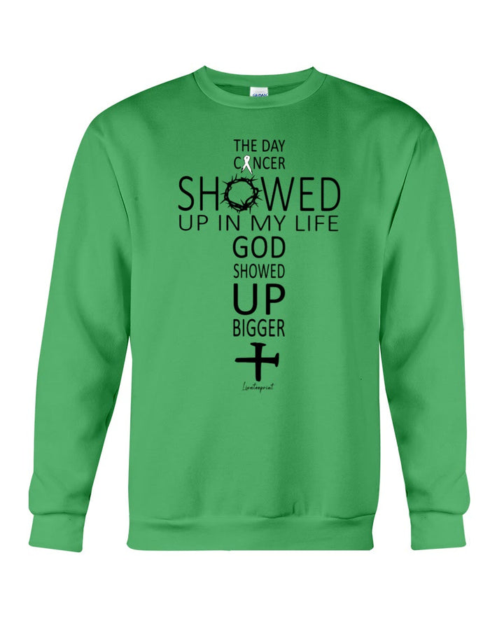 Christianartworkshop LUNG CANCER - THE DAY CANCER SHOWED UP IN MY LIFE, GOD SHOWED UP BIGGER Crewneck Sweatshirt