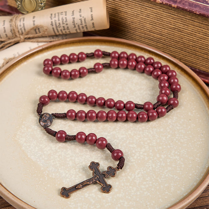 Christianartworkshop Madonna and Child & Crucifix of 10mm Round Red Wood Nylon Cord Rosary