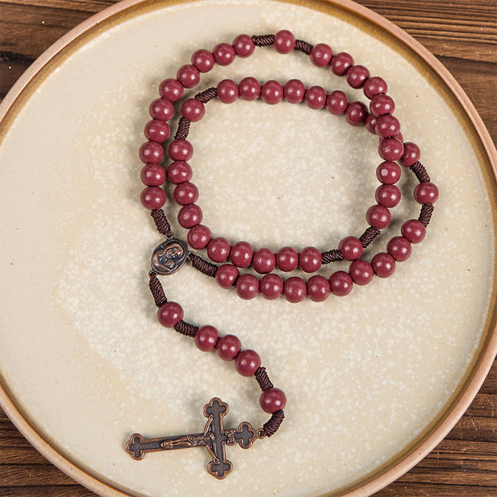 Christianartworkshop Madonna and Child & Crucifix of 10mm Round Red Wood Nylon Cord Rosary