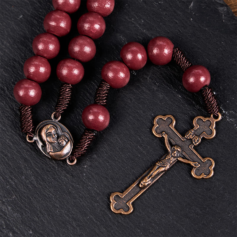 Christianartworkshop Madonna and Child & Crucifix of 10mm Round Red Wood Nylon Cord Rosary