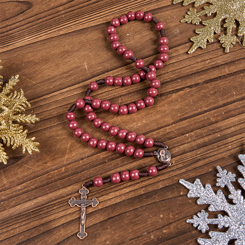 Christianartworkshop Madonna and Child & Crucifix of 10mm Round Red Wood Nylon Cord Rosary