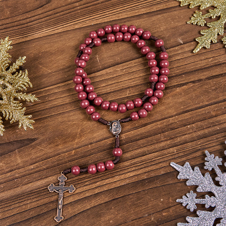 Christianartworkshop Madonna and Child & Crucifix of 10mm Round Red Wood Nylon Cord Rosary