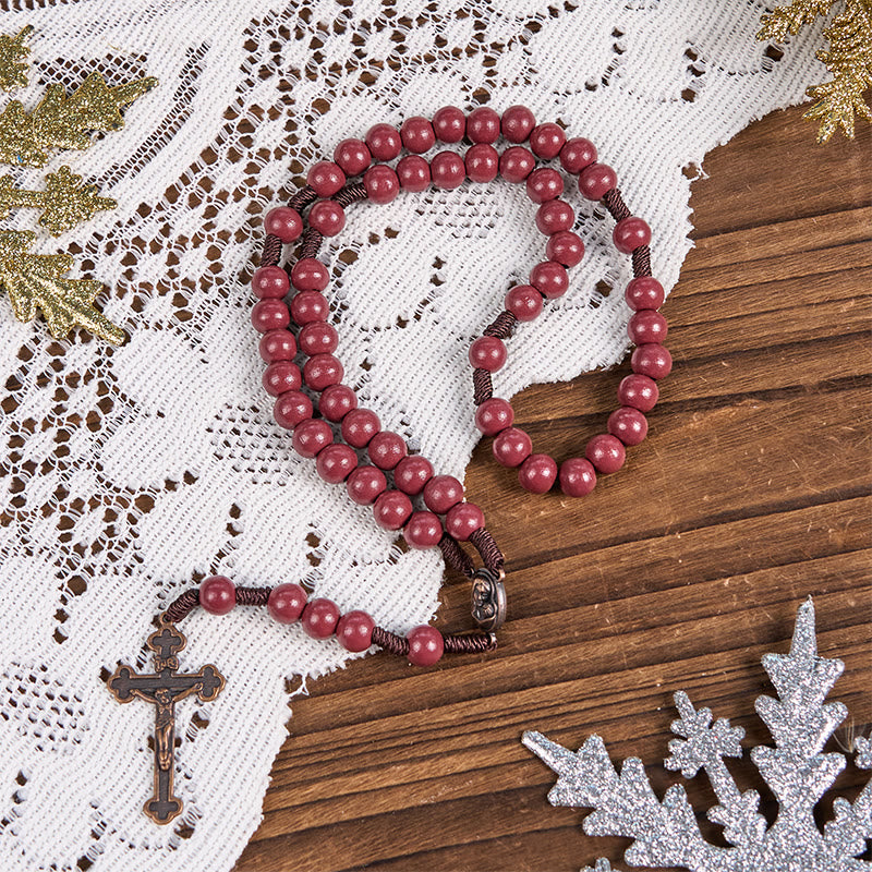 Christianartworkshop Madonna and Child & Crucifix of 10mm Round Red Wood Nylon Cord Rosary