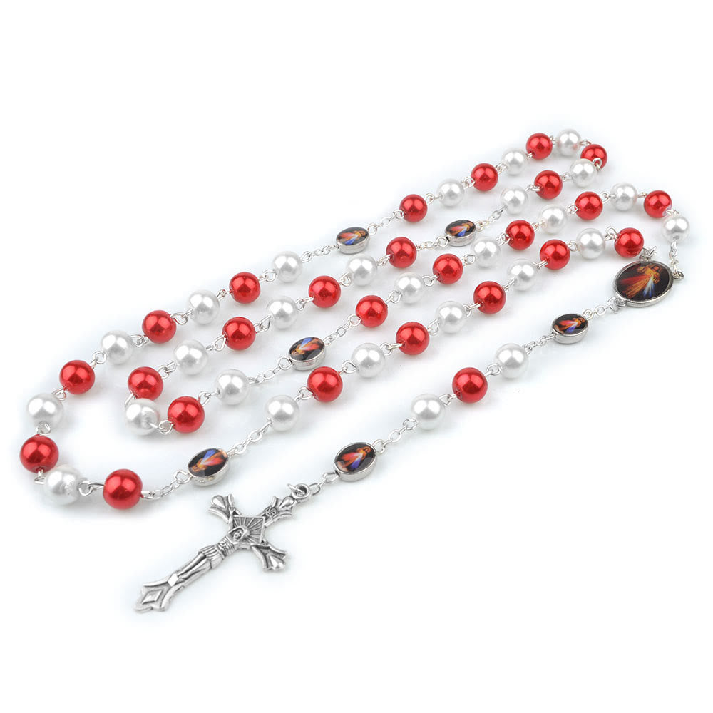 Christianartworkshop Divine Mercy & Crucifix of 8mm Round Red&White Glass Alloy Chain Rosary