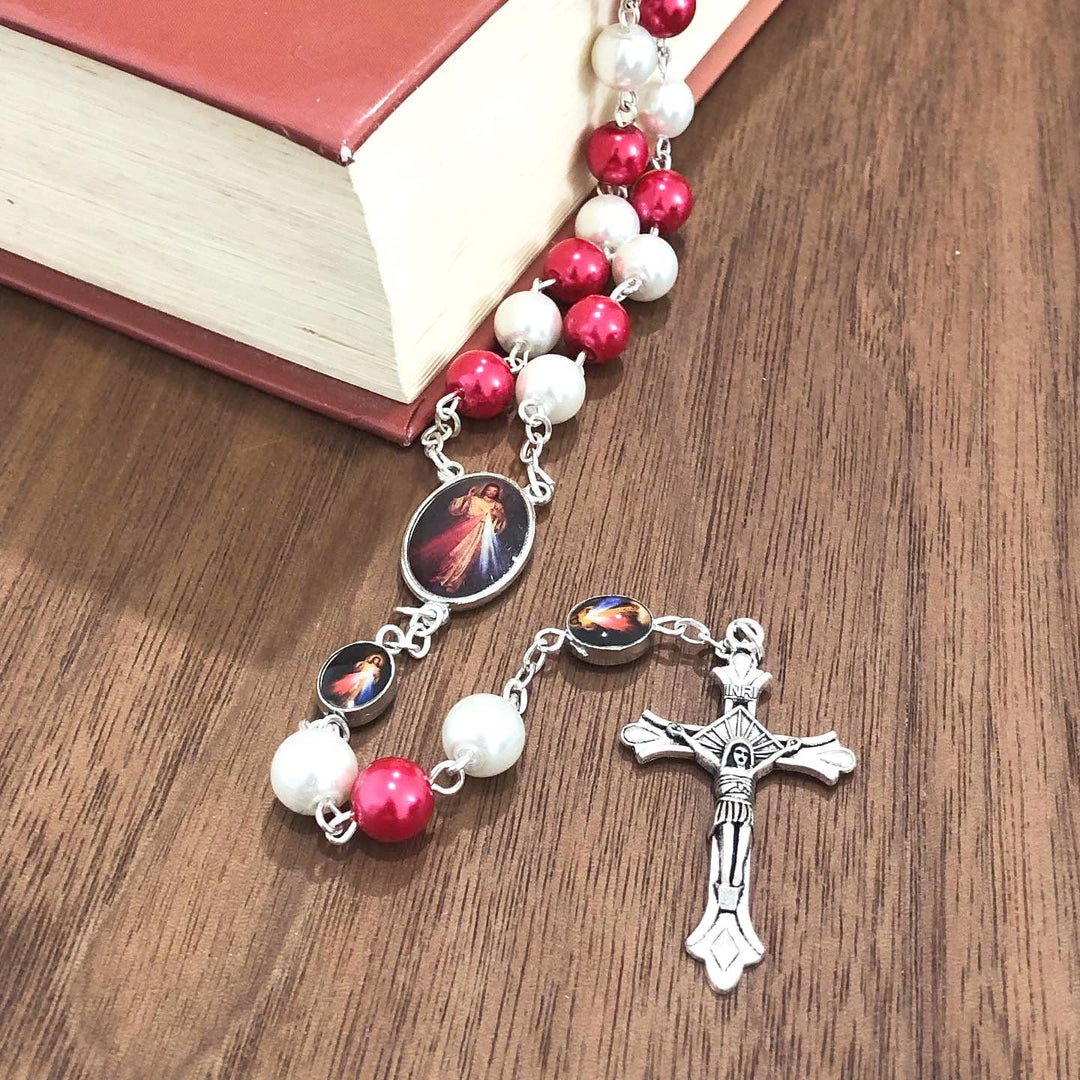 Christianartworkshop Divine Mercy & Crucifix of 8mm Round Red&White Glass Alloy Chain Rosary