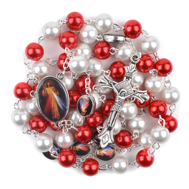 Christianartworkshop Divine Mercy & Crucifix of 8mm Round Red&White Glass Alloy Chain Rosary