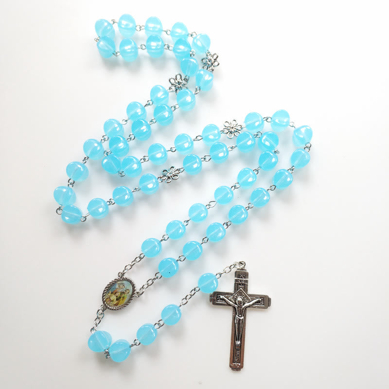 Christianartworkshop Holy Family & Crucifix of 10mm Polyhedron Blue Acrylic Alloy Chain Rosary