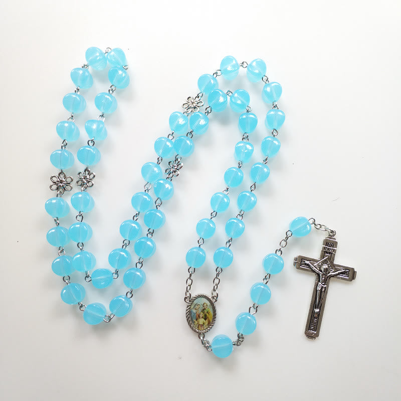 Christianartworkshop Holy Family & Crucifix of 10mm Polyhedron Blue Acrylic Alloy Chain Rosary