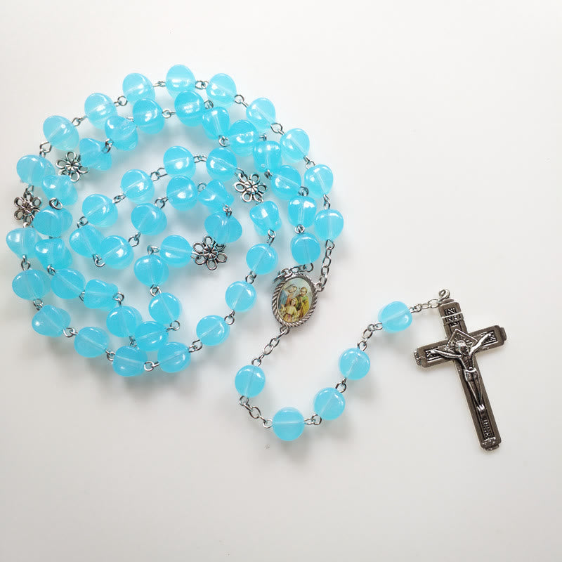 Christianartworkshop Holy Family & Crucifix of 10mm Polyhedron Blue Acrylic Alloy Chain Rosary