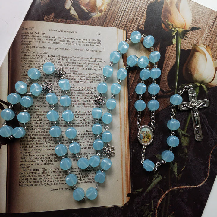 Christianartworkshop Holy Family & Crucifix of 10mm Polyhedron Blue Acrylic Alloy Chain Rosary