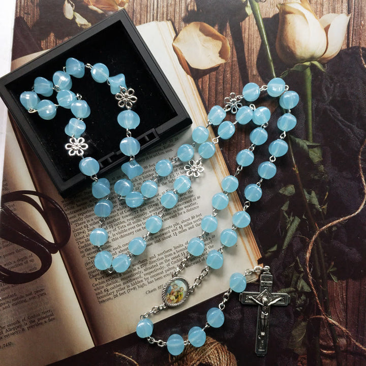 Christianartworkshop Holy Family & Crucifix of 10mm Polyhedron Blue Acrylic Alloy Chain Rosary