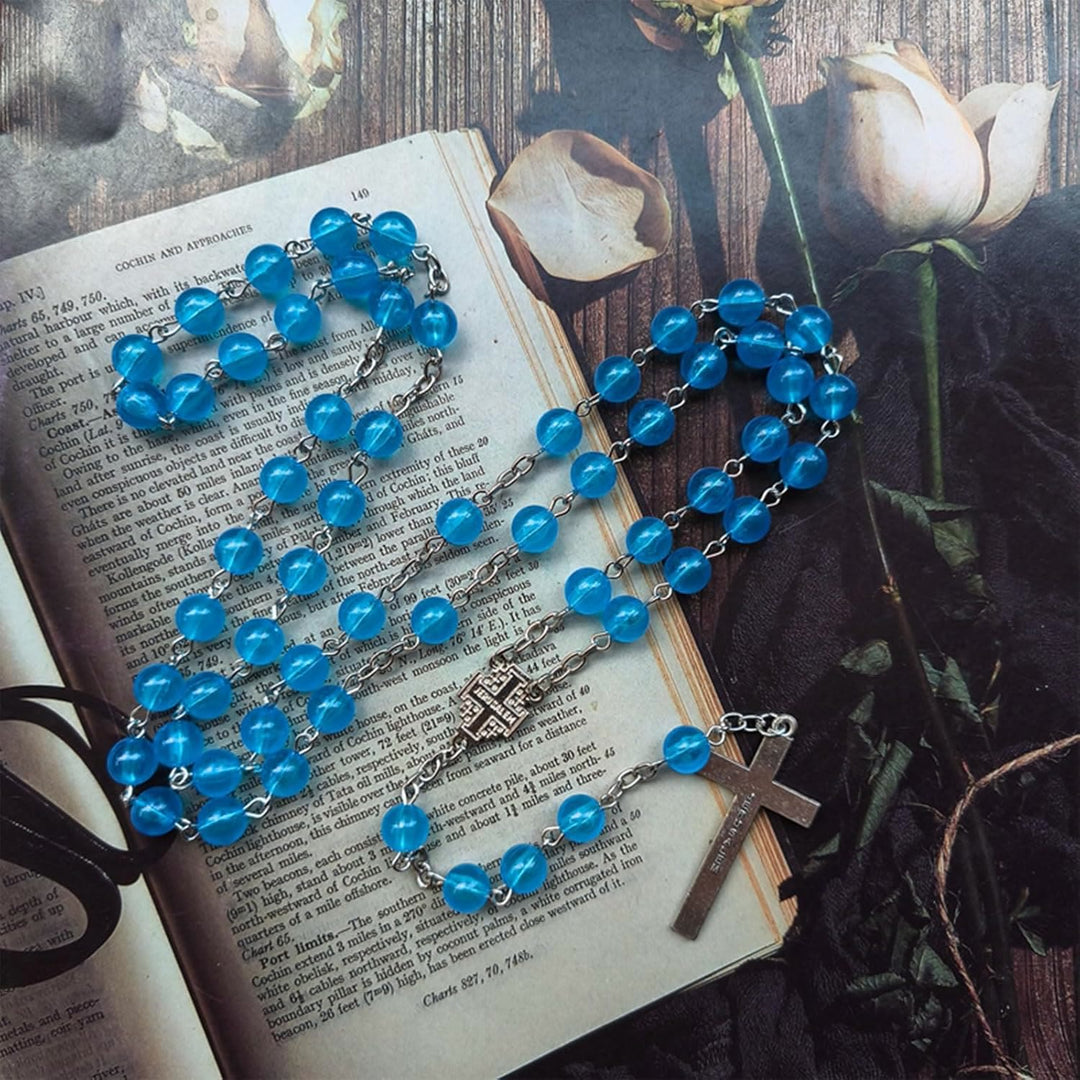 Christianartworkshop Jerusalem Medal & Crucifix of 8mm Round Blue Acrylic Alloy Chain Rosary