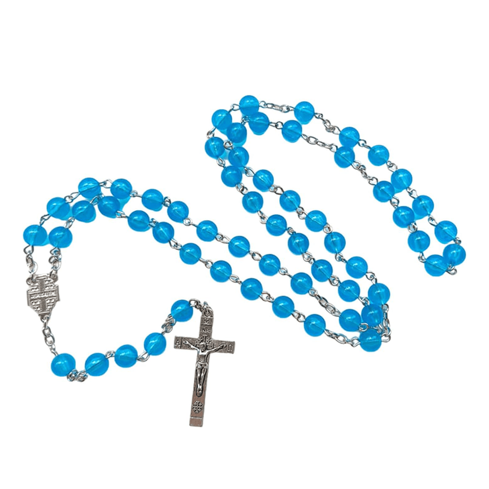 Christianartworkshop Jerusalem Medal & Crucifix of 8mm Round Blue Acrylic Alloy Chain Rosary