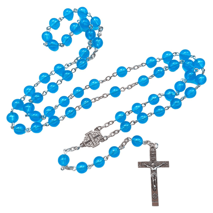 Christianartworkshop Jerusalem Medal & Crucifix of 8mm Round Blue Acrylic Alloy Chain Rosary