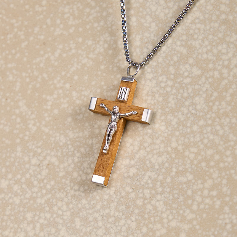 Christianartworkshop Retro Style Jesus Icon Crucifix Wood & Alloy Pendant Necklace