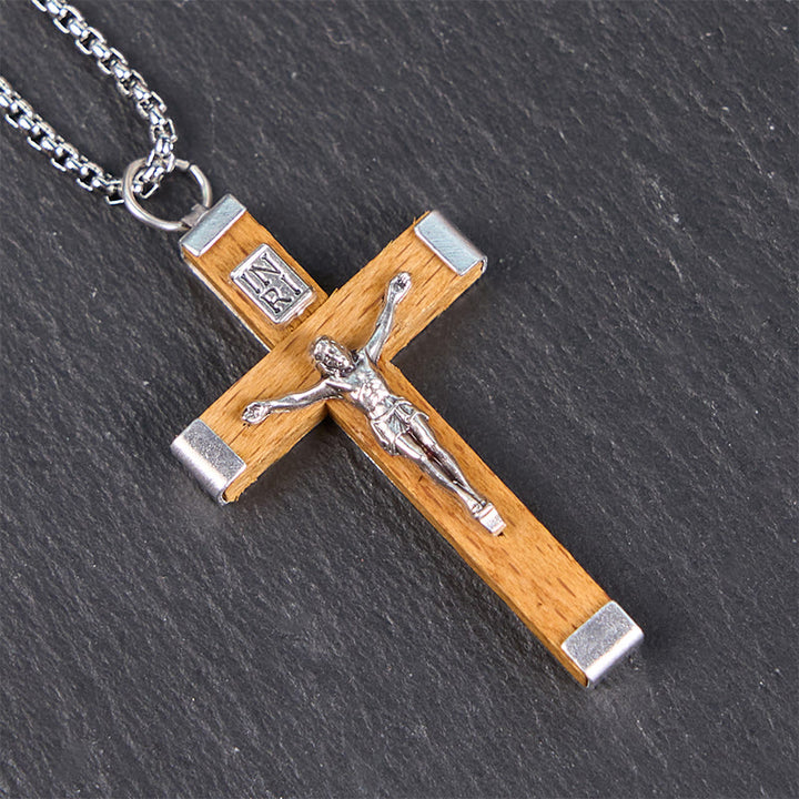 Christianartworkshop Retro Style Jesus Icon Crucifix Wood & Alloy Pendant Necklace