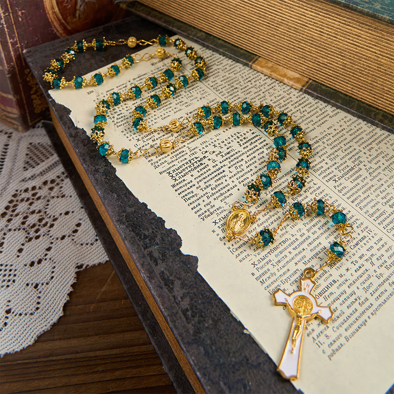 FREE Today: Miraculous Medal & Crucifix of 6 mm Polyhedron Green Glass Alloy Chain Rosary