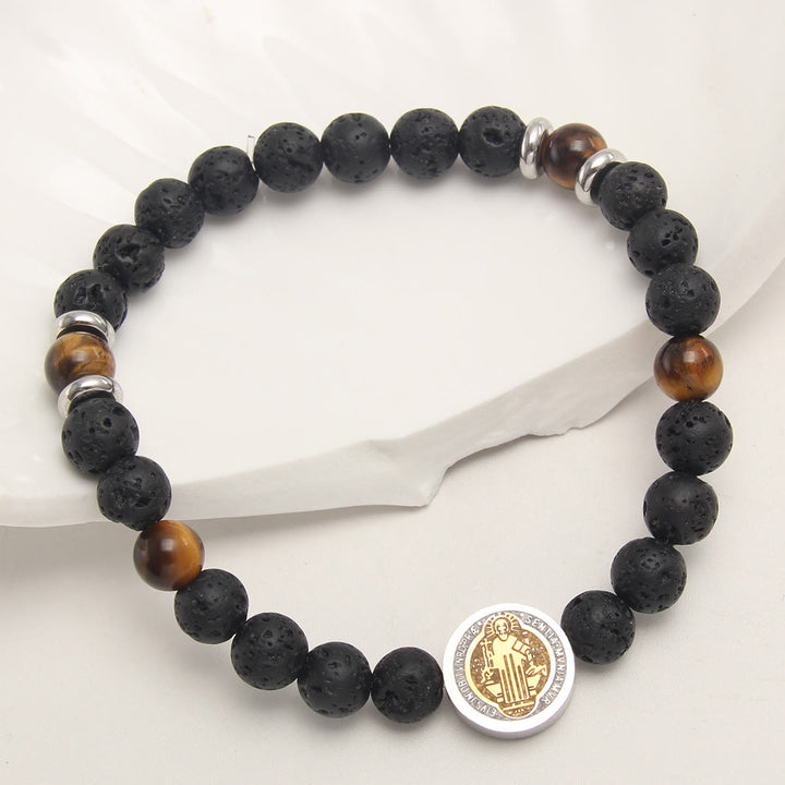 Christianartworkshop Volcanic Stone Yellow Tiger Eye St. Benedict Bracelet