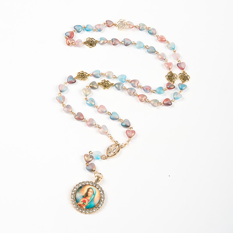 Christianartworkshop Miraculous Medal & Immaculate Heart of 10mm Heart Rose Multicolor Glass Alloy Chain Rosary