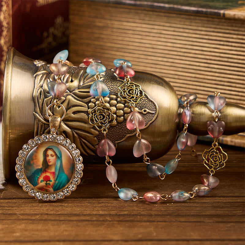 Christianartworkshop Miraculous Medal & Immaculate Heart of 10mm Heart Rose Multicolor Glass Alloy Chain Rosary