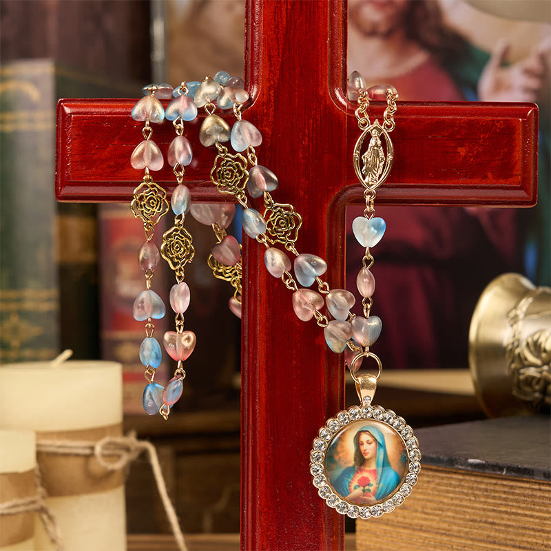 Christianartworkshop Miraculous Medal & Immaculate Heart of 10mm Heart Rose Multicolor Glass Alloy Chain Rosary