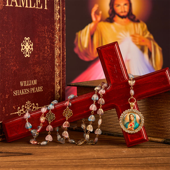 Christianartworkshop Miraculous Medal & Immaculate Heart of 10mm Heart Rose Multicolor Glass Alloy Chain Rosary