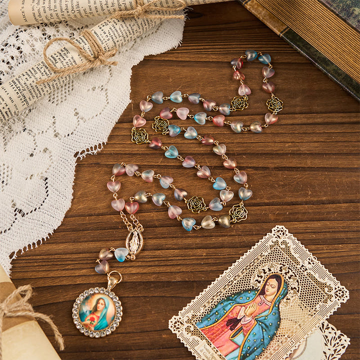 Christianartworkshop Miraculous Medal & Immaculate Heart of 10mm Heart Rose Multicolor Glass Alloy Chain Rosary