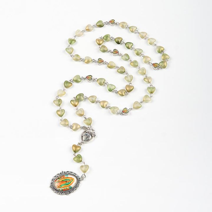 Christianartworkshop Heart of Thorns & Our Lady of Guadalupe of 10mm Heart Green Glass Alloy Chain Rosary