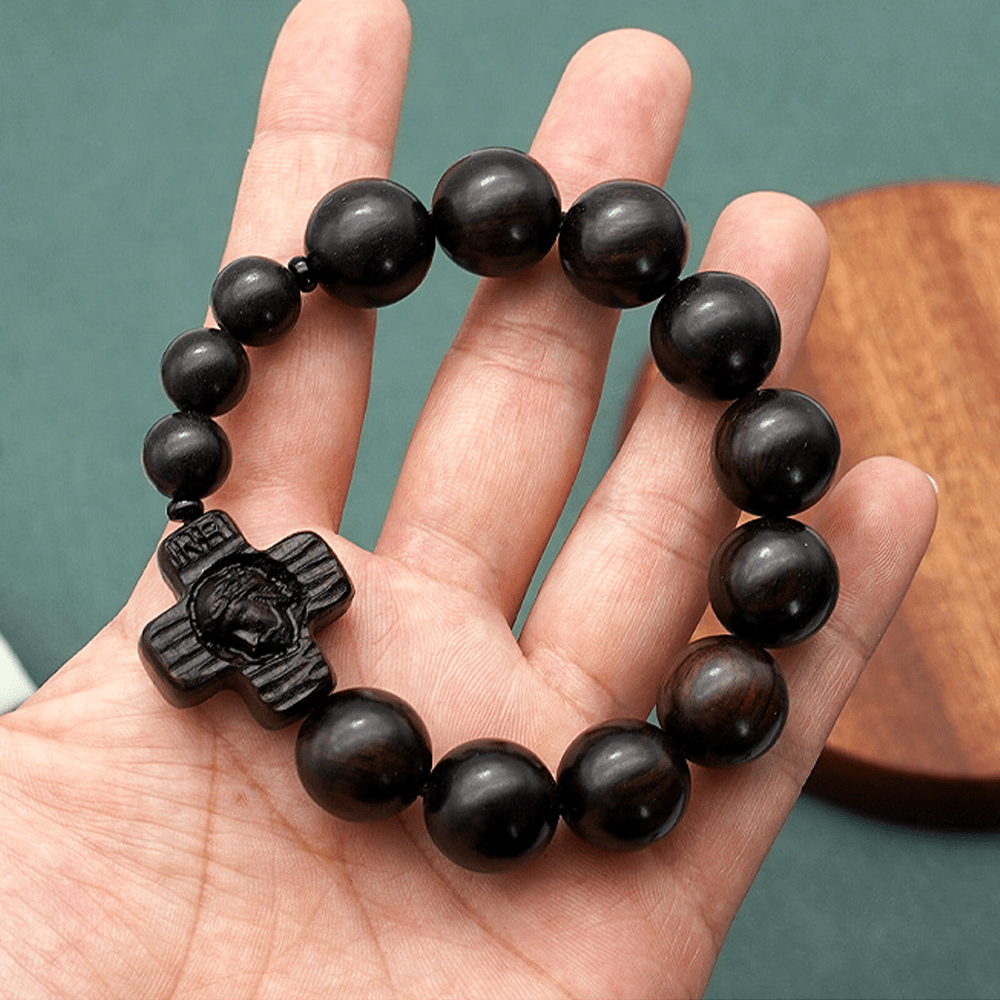 Christianartworkshop Classic Jesus Christ Cross Black Sandalwood Rosary Bracelet