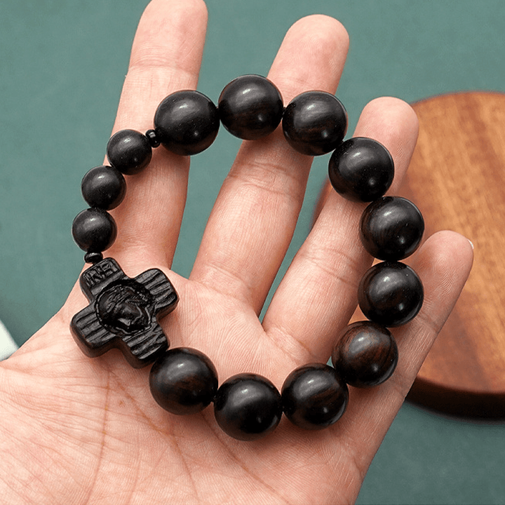 Christianartworkshop Classic Jesus Christ Cross Black Sandalwood Rosary Bracelet