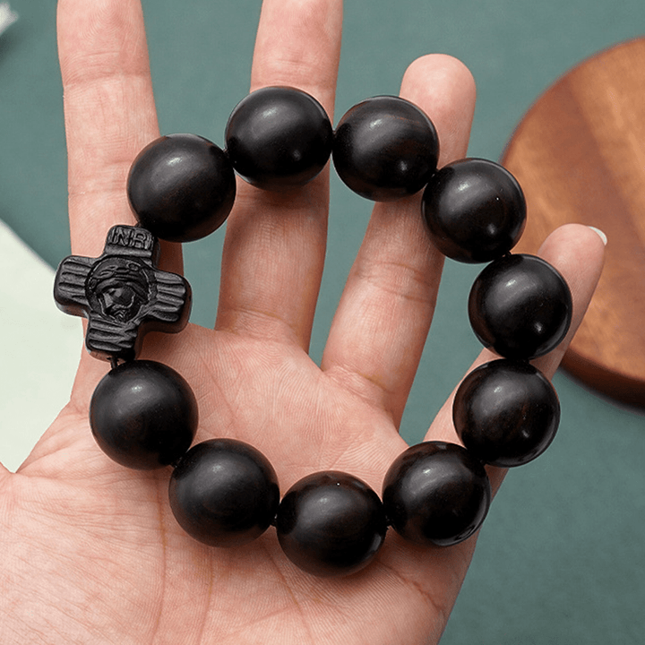 Christianartworkshop Classic Jesus Christ Cross Black Sandalwood Rosary Bracelet