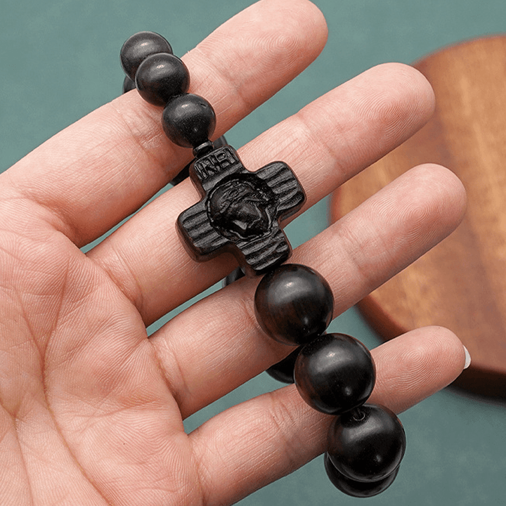 Christianartworkshop Classic Jesus Christ Cross Black Sandalwood Rosary Bracelet