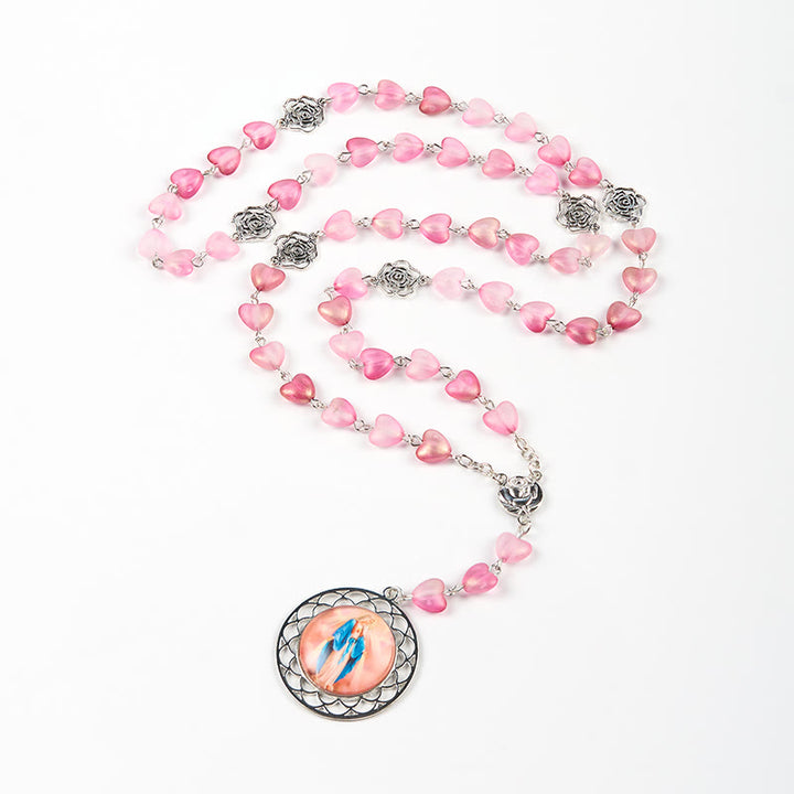 Christianartworkshop Rose & Miraculous Medal of 10mm Heart Rose Pink Glass Alloy Chain Rosary