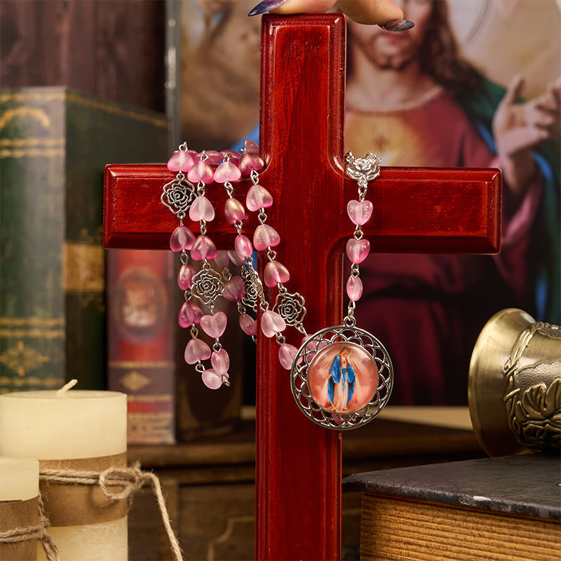 Christianartworkshop Rose & Miraculous Medal of 10mm Heart Rose Pink Glass Alloy Chain Rosary