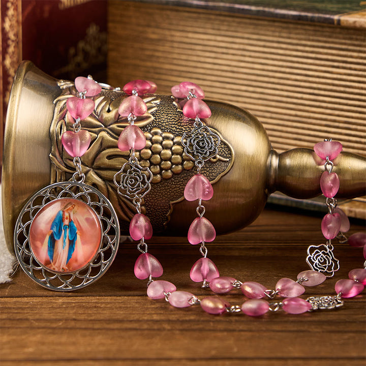 FREE Today: Rose & Miraculous Medal of 10mm Heart Rose Pink Glass Alloy Chain Rosary