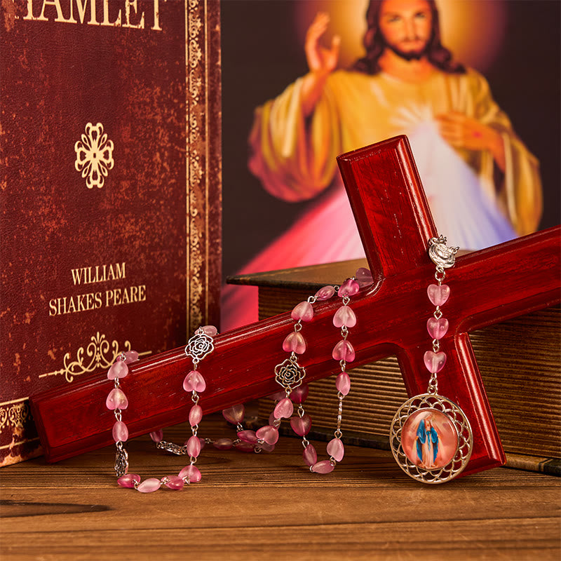 Christianartworkshop Rose & Miraculous Medal of 10mm Heart Rose Pink Glass Alloy Chain Rosary