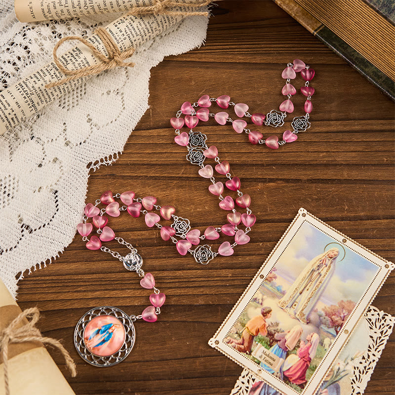 Christianartworkshop Rose & Miraculous Medal of 10mm Heart Rose Pink Glass Alloy Chain Rosary