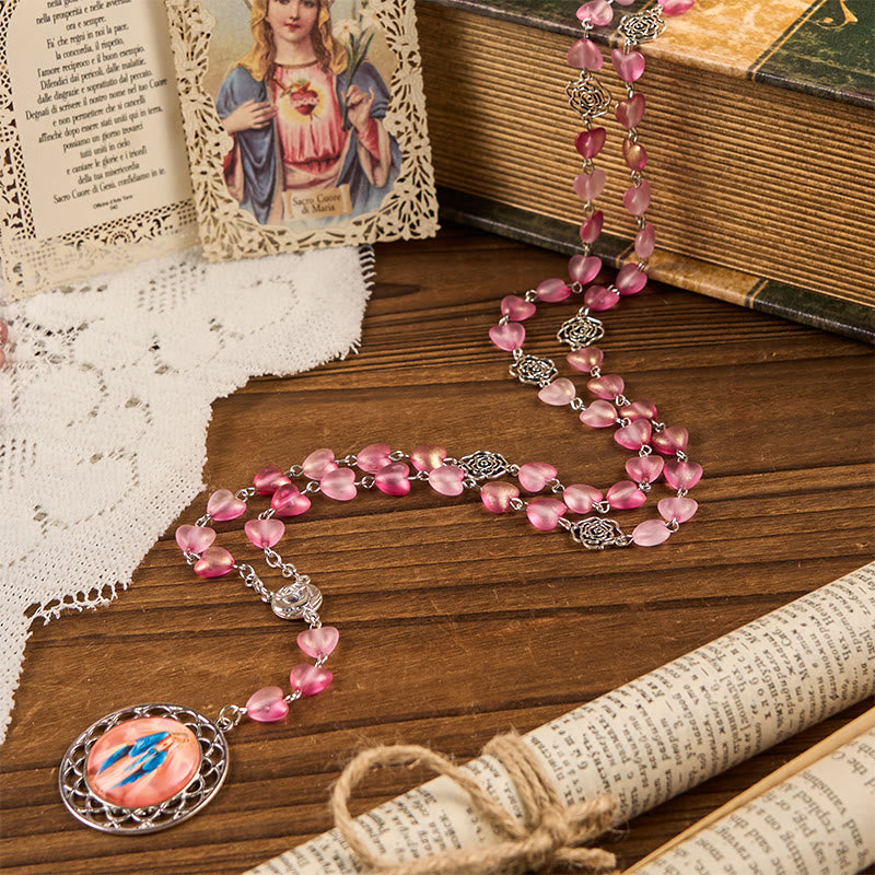 Christianartworkshop Rose & Miraculous Medal of 10mm Heart Rose Pink Glass Alloy Chain Rosary