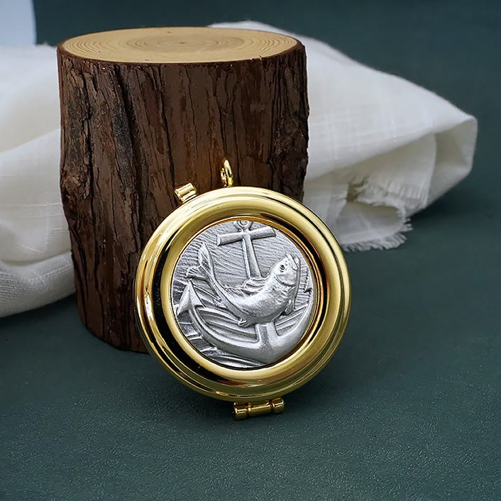 Christianartworkshop Gold-Plated Pyx with Fish and Anchor Design – Portable and Elegant Eucharistic Holder