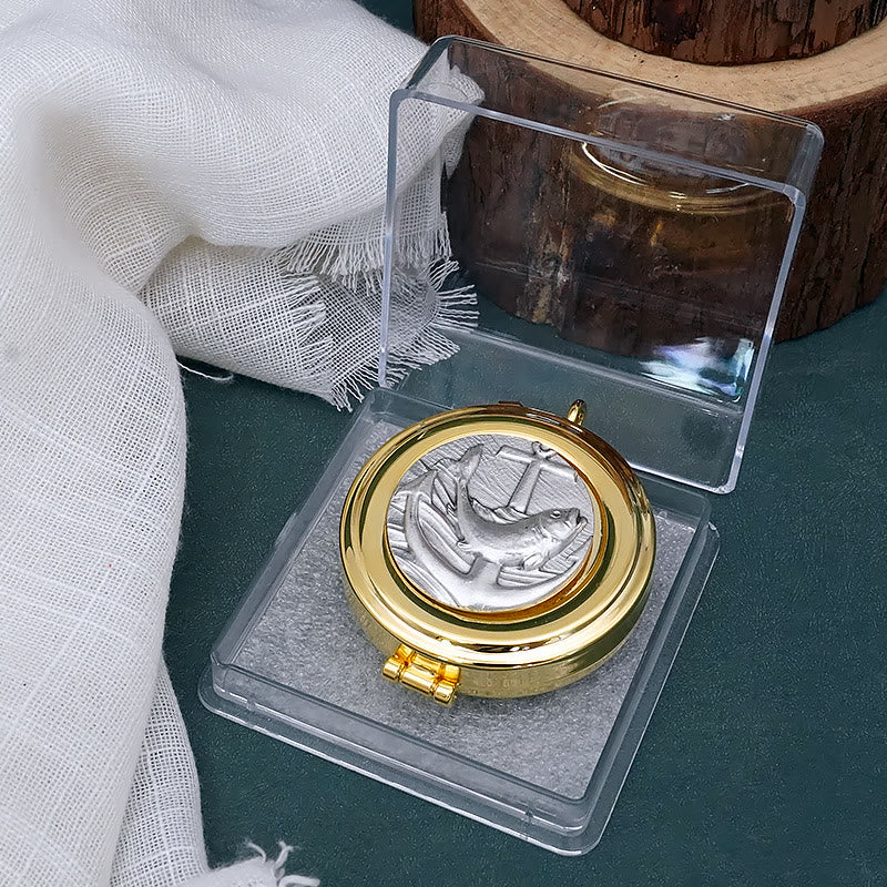 Christianartworkshop Gold-Plated Pyx with Fish and Anchor Design – Portable and Elegant Eucharistic Holder