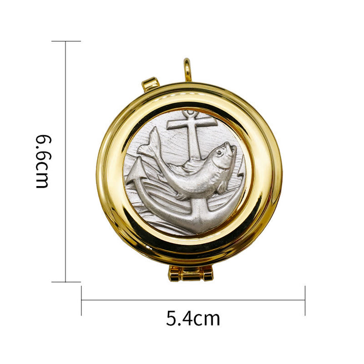 Christianartworkshop Gold-Plated Pyx with Fish and Anchor Design – Portable and Elegant Eucharistic Holder