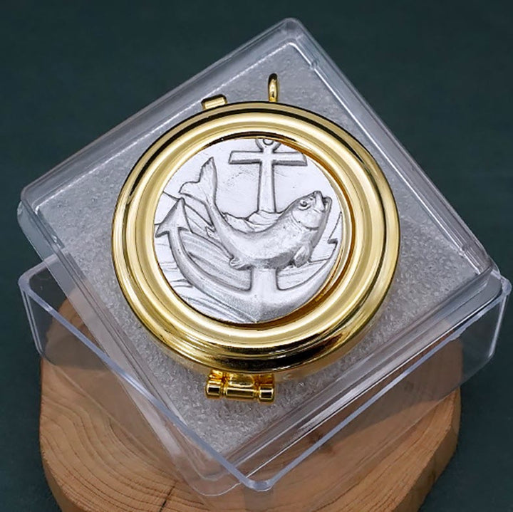 Christianartworkshop Gold-Plated Pyx with Fish and Anchor Design – Portable and Elegant Eucharistic Holder