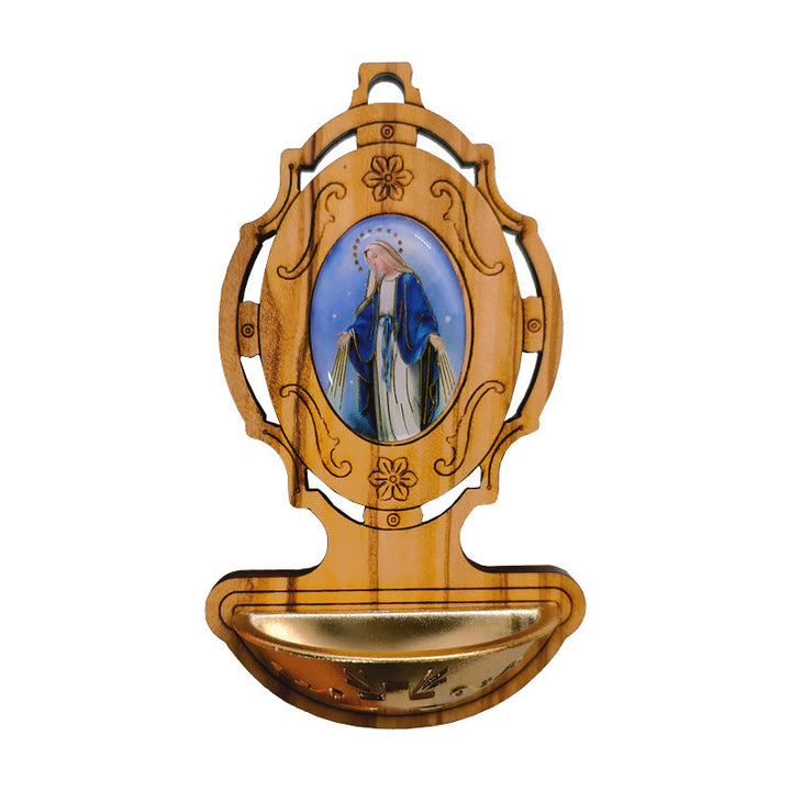 Christianartworkshop Miraculous Medal Holy Water Font Olive Wood Assumption of Our Lady