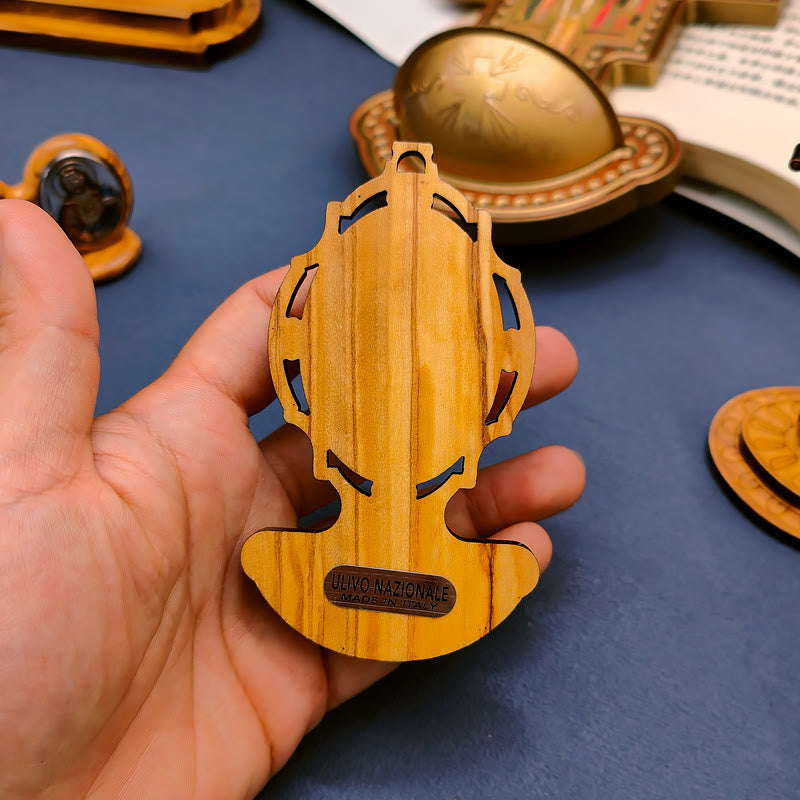 Christianartworkshop Miraculous Medal Holy Water Font Olive Wood Assumption of Our Lady