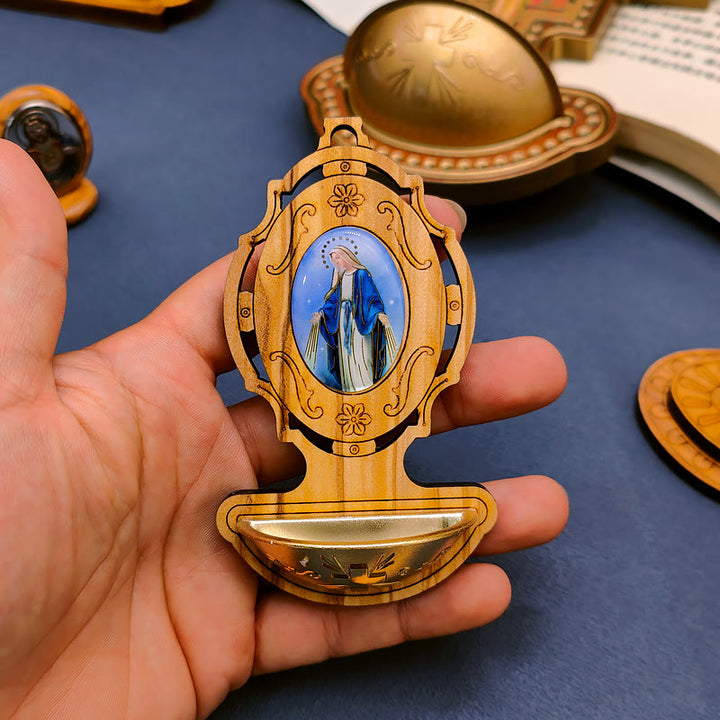 Christianartworkshop Miraculous Medal Holy Water Font Olive Wood Assumption of Our Lady