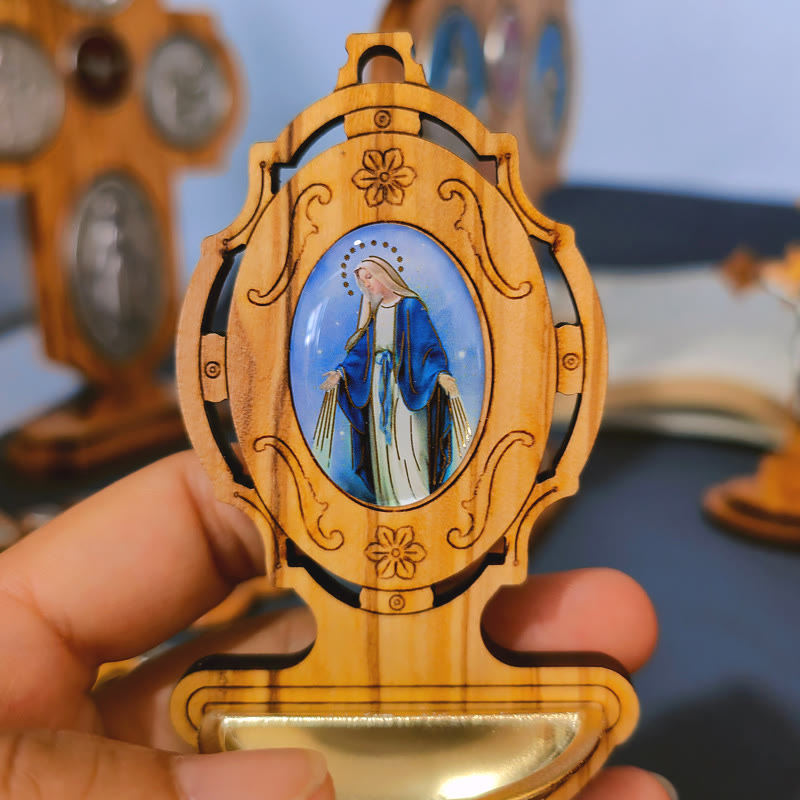 Christianartworkshop Miraculous Medal Holy Water Font Olive Wood Assumption of Our Lady