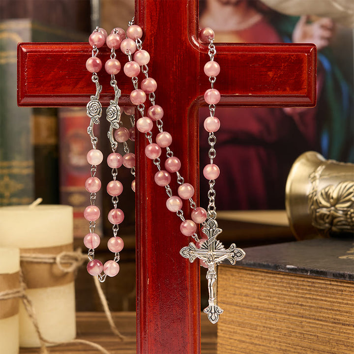 Christianartworkshop Our Lady & Crucifix of 8mm Round Rose Pink Alloy Chain Rosary